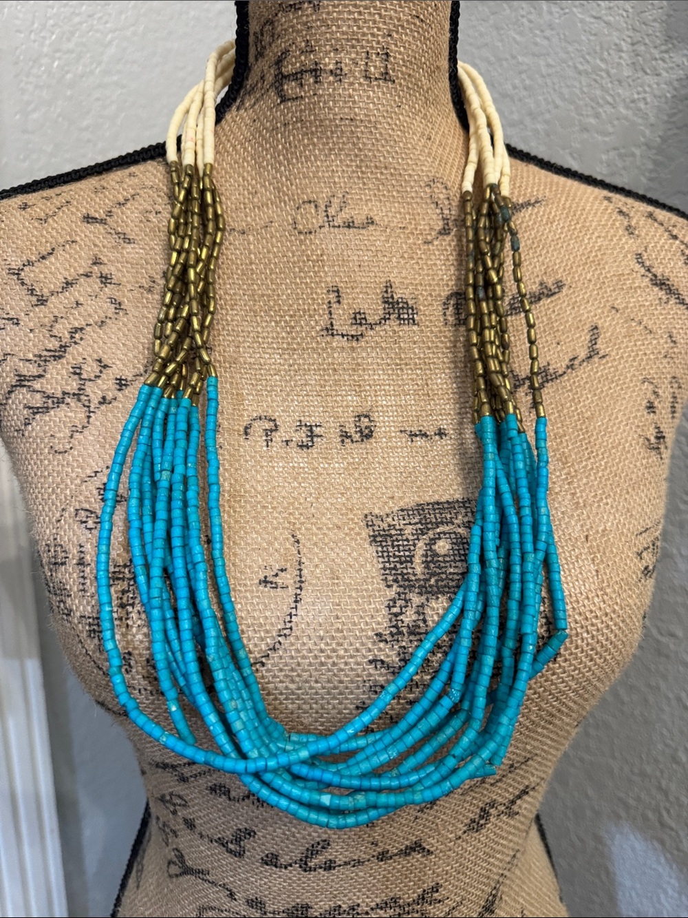 Vintage Turquoise Multi-Strand Beaded Necklace gold and puma